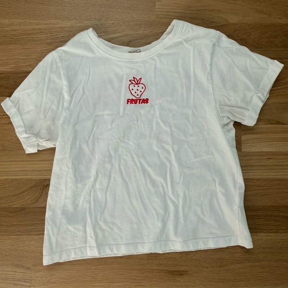 White Shirt with Red Strawberry Design